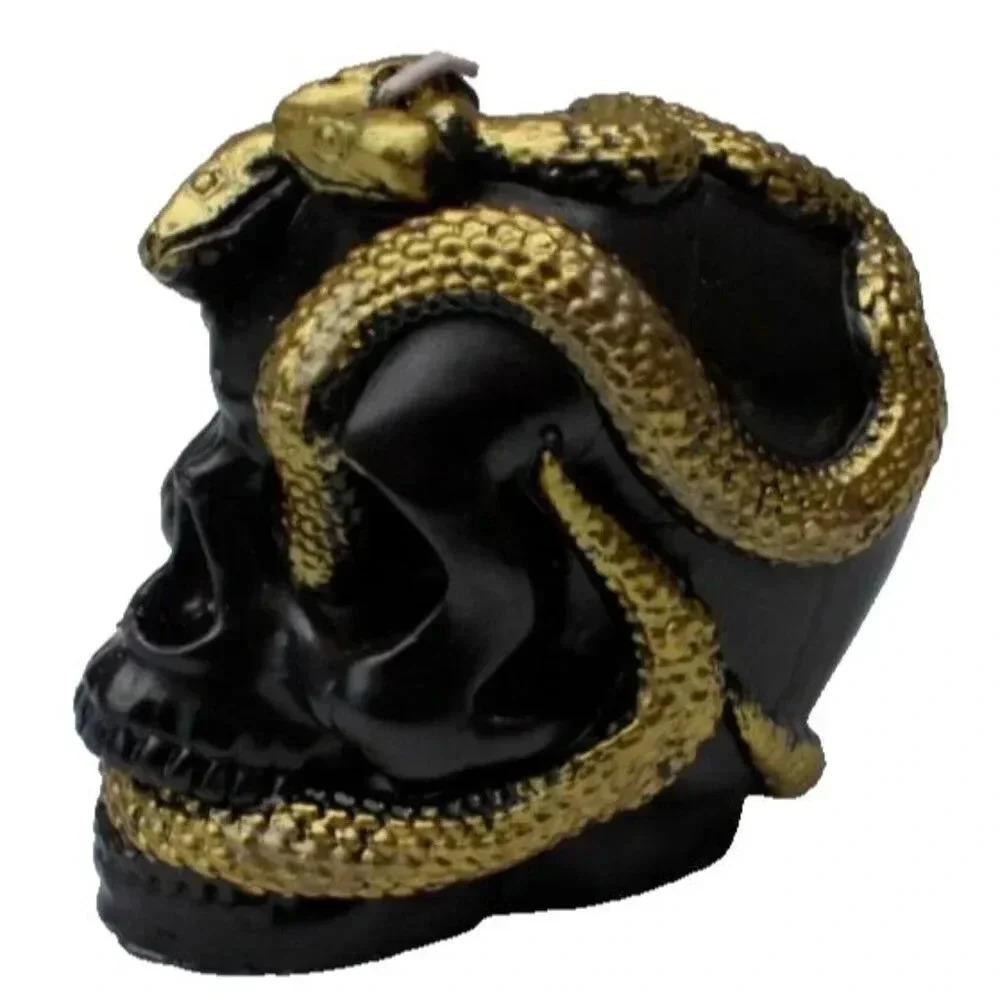 New Black Skull W/ Gold Cobra Snake Gothic Halloween Candle Decorations - Picture 2 of 3